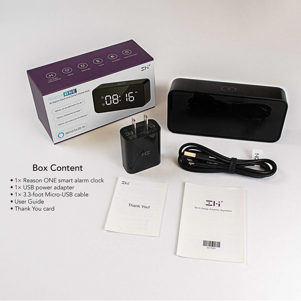 Reason® ONE Smart Alarm Clock with Alexa box content